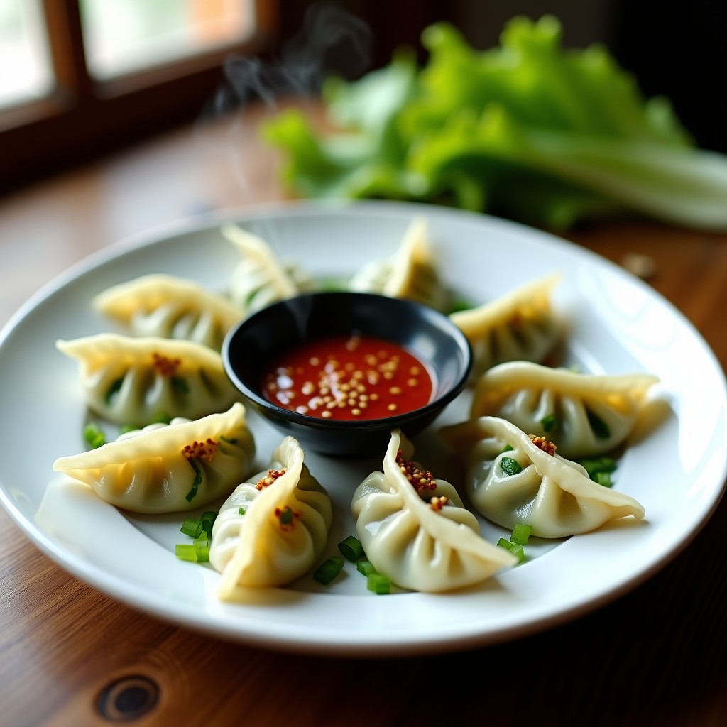 Plato blanco con dumplings de espinacas y tofu al vapor, dispuestos en círculo sobre hojas de lechuga, acompañados de un cuenco pequeño con salsa picante roja y semillas de sésamo espolvoreadas. Receta china vegana al vapor con salsa picante.