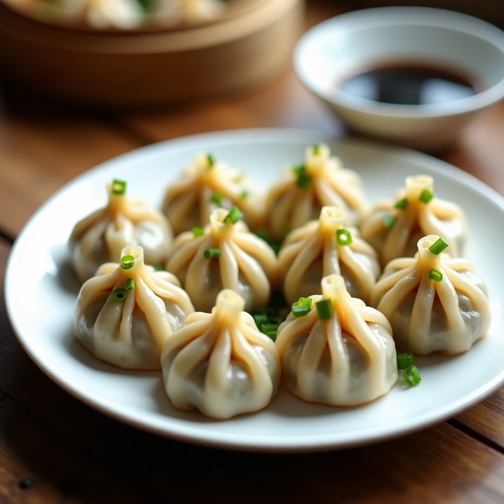 Plato blanco con dumplings de hongos shiitake y jengibre al vapor, servidos sobre hojas de cebollino y con una salsa oscura de soja y sésamo. Receta asiática sin gluten en olla express.