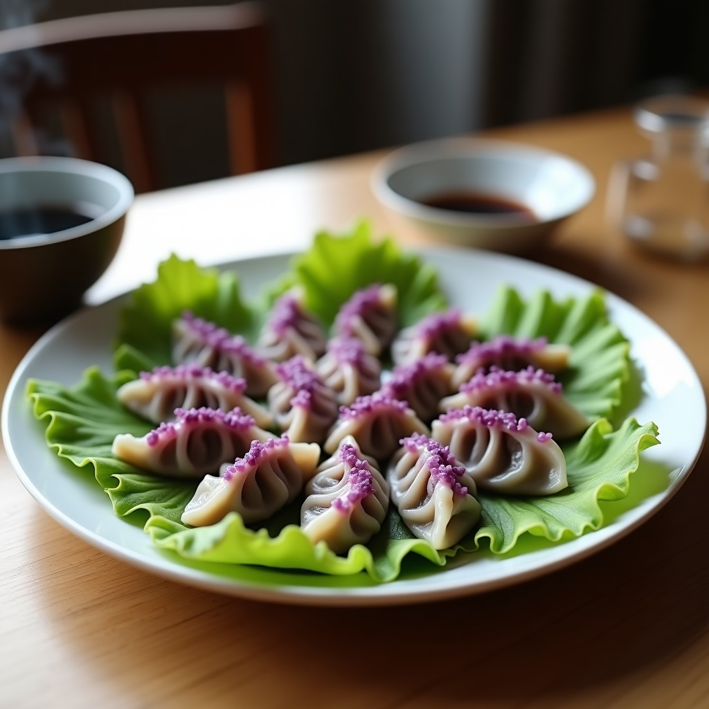 Plato blanco con dumplings de repollo morado y hongos shiitake al vapor, dispuestos en círculo sobre hojas de lechuga, acompañados de un bol pequeño con salsa de soja negra brillante. Los dumplings tienen pliegues decorativos y un color translúcido con vetas moradas del relleno.