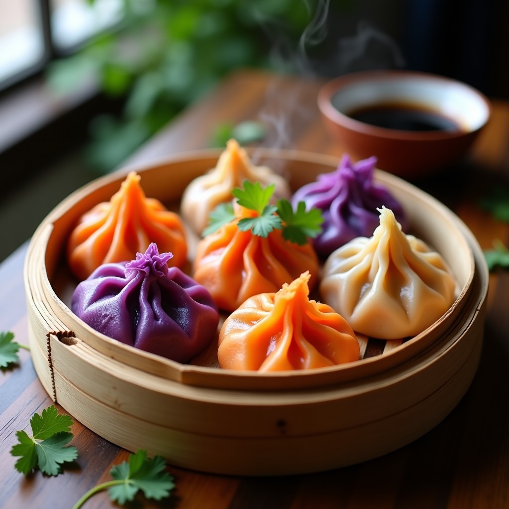 Vaporera de bambú con dumplings de repollo y zanahoria al vapor, aperitivo chino vegano, servidos sobre hojas de limón con un chorrito de aceite de sésamo.