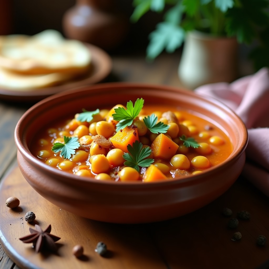Plato hondo de barro con dupiaza de garbanzos y calabaza en olla lenta, garbanzos dorados y trozos de calabaza butternut bañados en una salsa espesa de color ámbar, decorado con cilantro fresco y semillas de mostaza. Receta india vegana con especias.