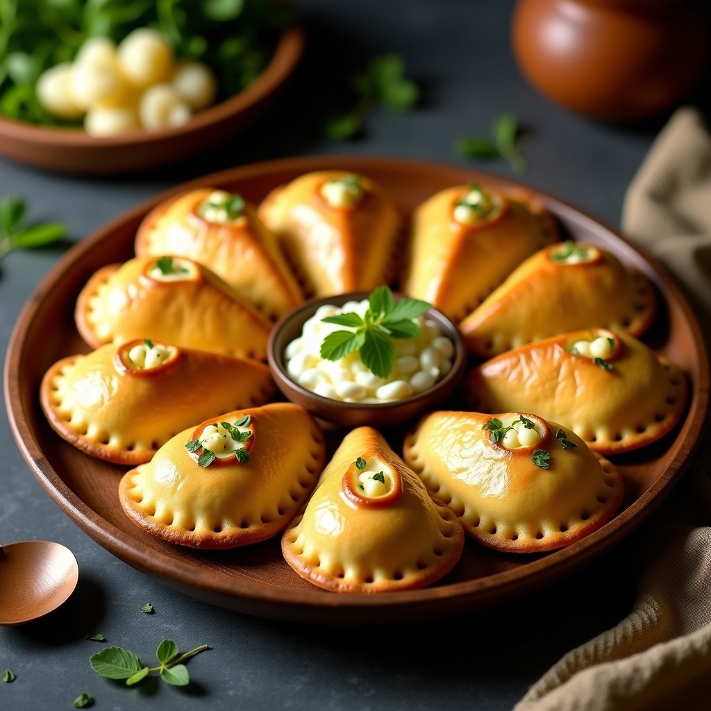 Empanadas de maíz azul doradas con relleno de queso de hebra derretido, dispuestas en una bandeja de madera rústica con hojas de epazote como decoración. Receta sin gluten en Thermomix.