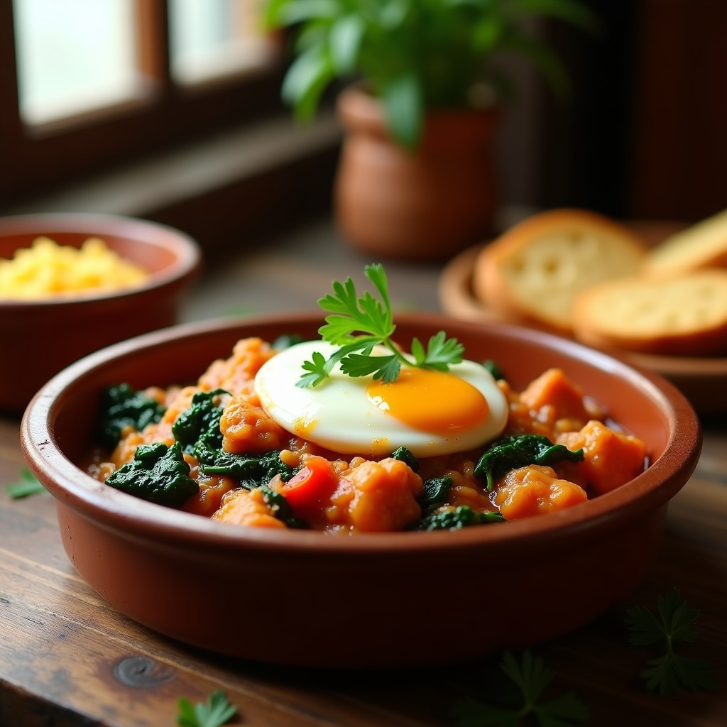 Plato hondo de barro con emboscado de pollo y espinacas paraguayo, huevos cuajados en el guiso espeso, espinacas verdes, trozos de pollo dorado y queso fresco desmenuzado, decorado con hojas de koy fresco. Receta tradicional en olla exprés.