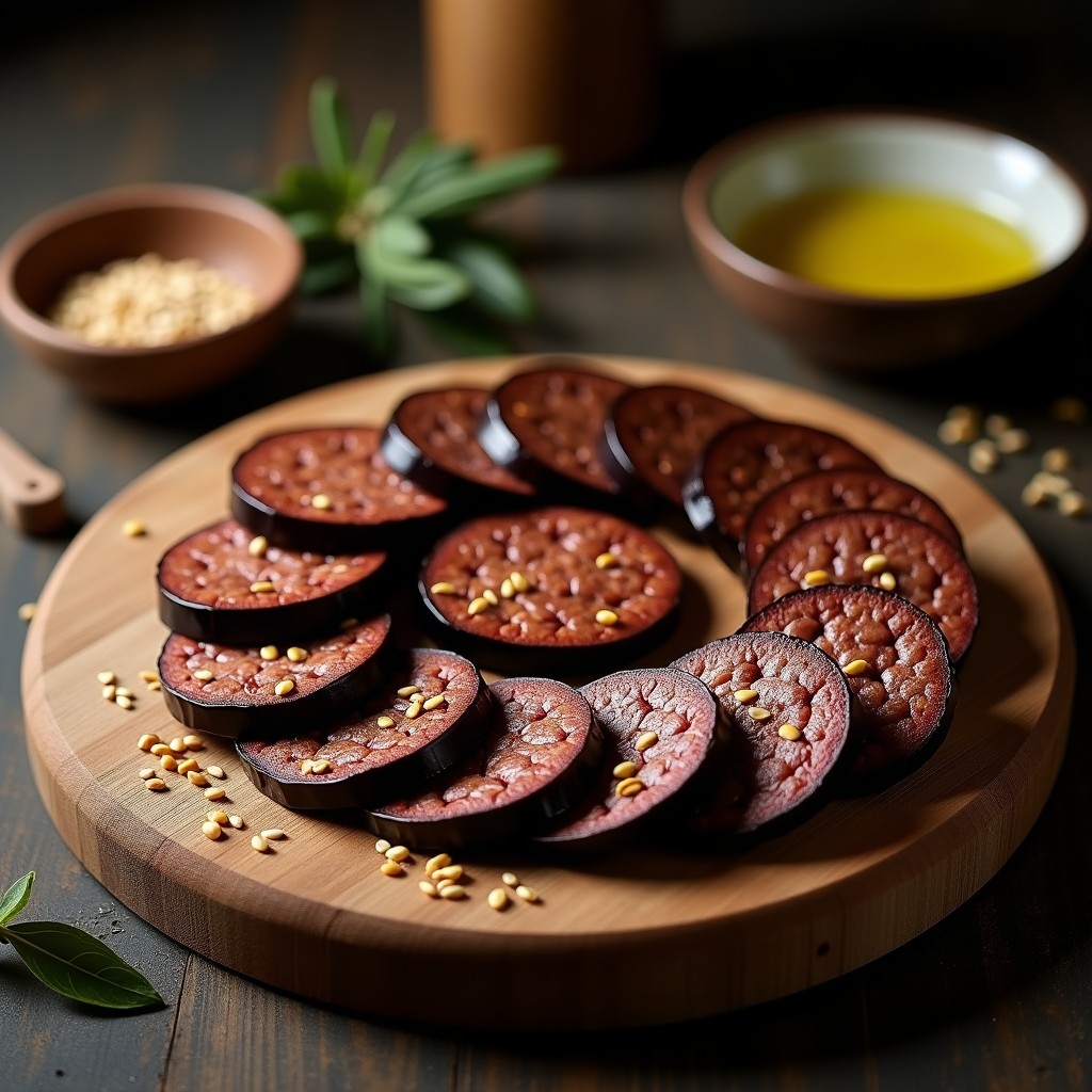 Rodajas finas de embutido vegano de berenjena ahumada dispositas en círculo sobre tabla de madera oscura, con semillas de sésamo tostadas y hojas de laurel al fondo. Textura compacta y color marrón oscuro con vetas, ideal para servir en tupper.