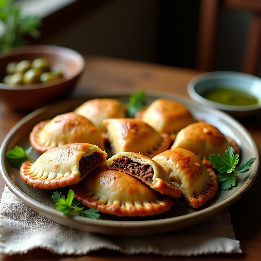 Empanadas doradas y crujientes de masa de mandioca rellenas de carne de res y aceitunas kalamata, dispuestas en una canasta de airfryer con hierbas frescas al lado. Receta argentina sin gluten.