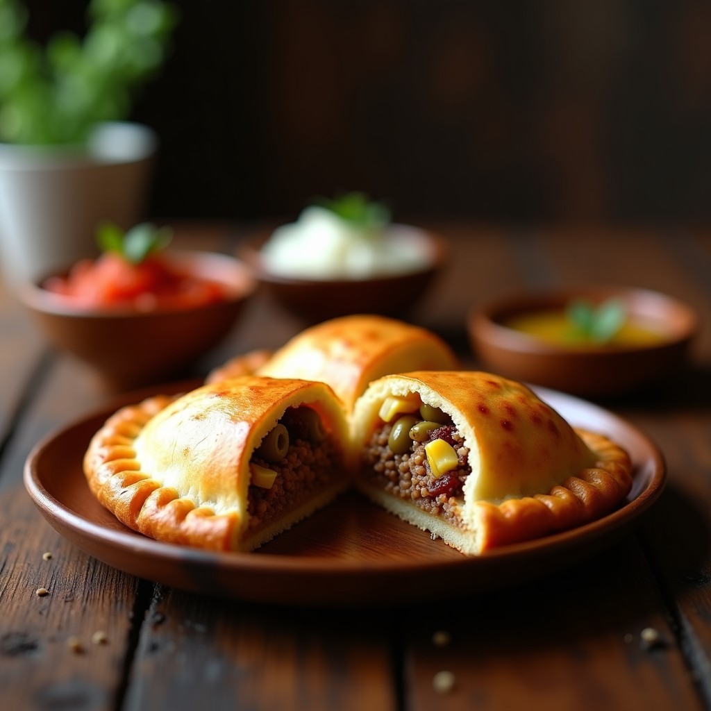 Empanadas chilenas de pino doradas y crujientes rellenas de carne de cerdo, aceitunas y pasas, servidas en un plato de madera rústico con pebre al lado. Receta tradicional en olla express.