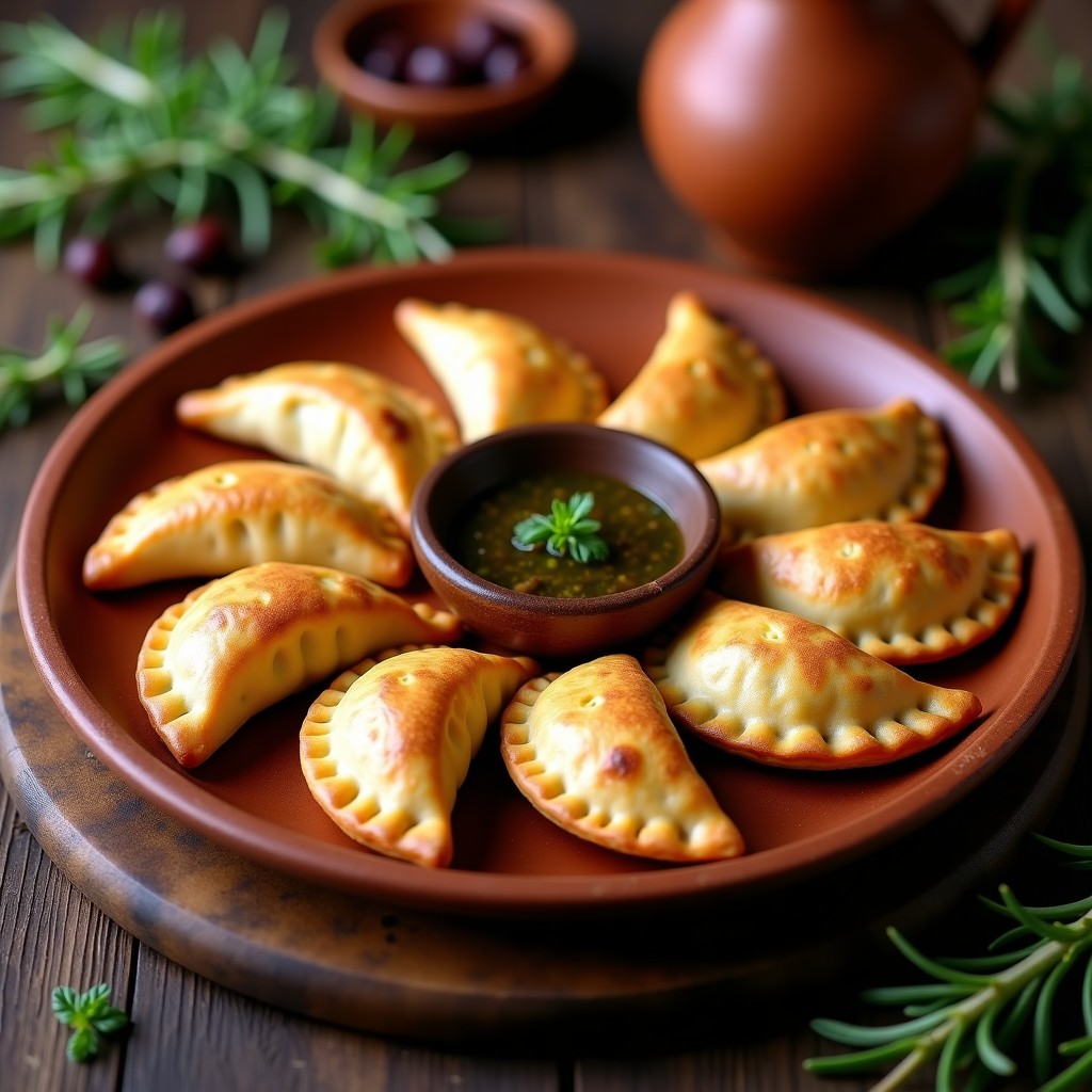 Empanadas doradas de harina de algarroba rellenas de carne picada y pasas, servidas en una fuente de barro con hojitas de cilantro, receta tradicional argentina.