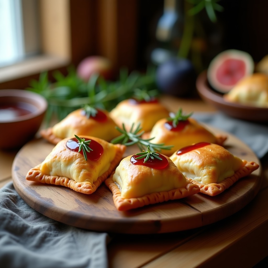 Empanadas doradas de harina de almendra rellenas de queso de cabra y mermelada de higo, servidas en un plato blanco con almendras fileteadas y un hilo de mermelada de higo por encima. Receta sin gluten en 20 minutos.
