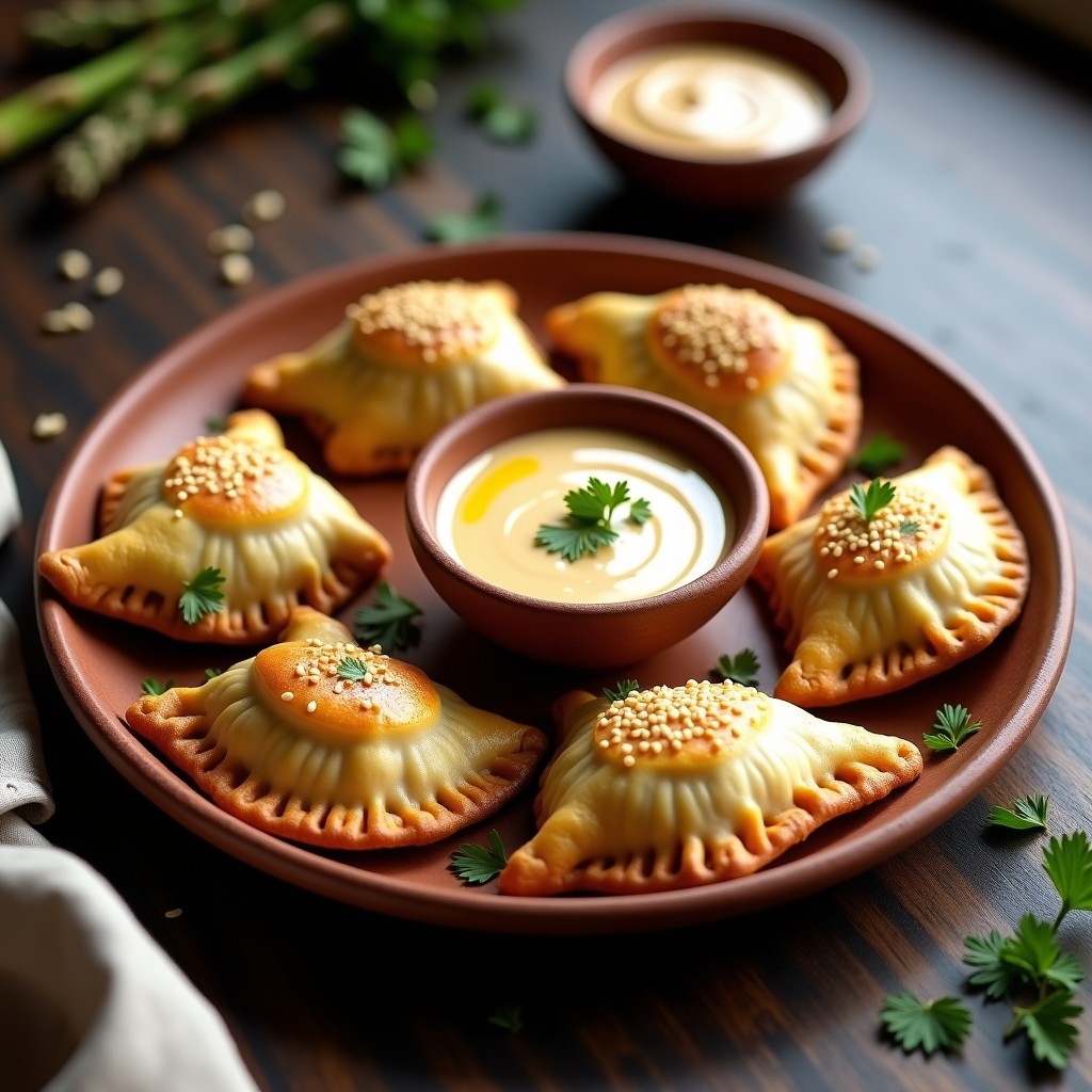 Empanadas doradas y crujientes de amaranto rellenas de espárragos trigueros, servidas en un plato de barro con salsa de tahini cremosa y semillas de sésamo espolvoreadas, receta mexicana sin horno.