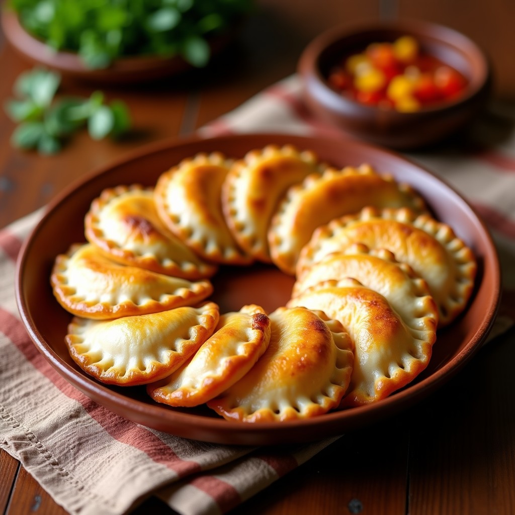 Empanadas andeñas de queso doradas y crujientes servidas en una fuente de barro, acompañadas de un bol pequeño con llajwa fresca, con un fondo rústico de tela a cuadros.