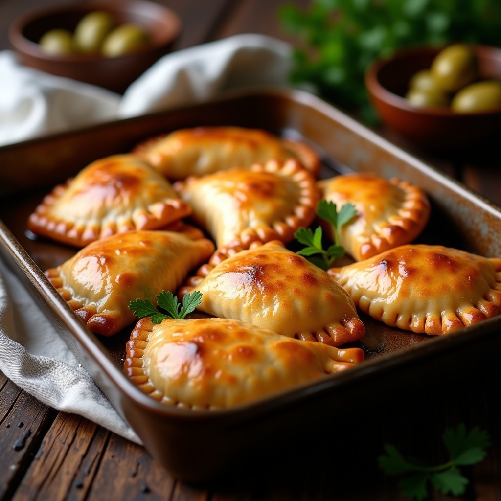 Bandeja de empanadas argentinas al horno doradas y crujientes, con repulgue perfecto y relleno jugoso de carne, huevo y aceitunas, servidas sobre papel de horno rústico.