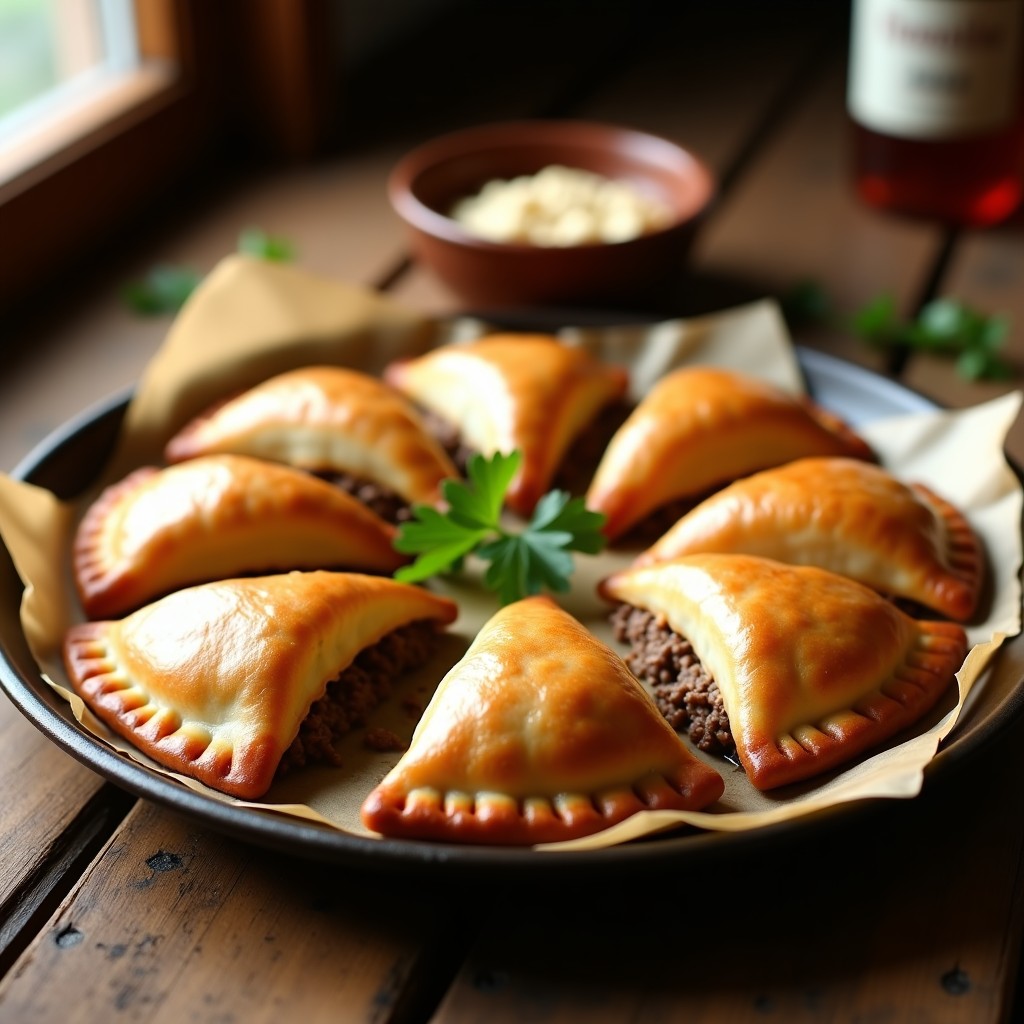 Bandeja de empanadas argentinas doradas y crujientes con relleno de carne cortada a mano, dispuestas en círculo sobre papel de horno rústico.
