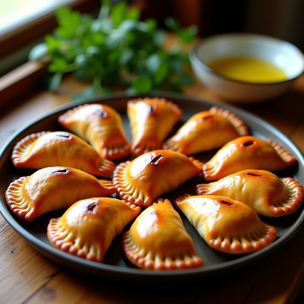 Bandeja de empanadas argentinas doradas al horno con relleno de carne de corte, dispuestas en círculo con bordes bien sellados y brillantes por el huevo batido.