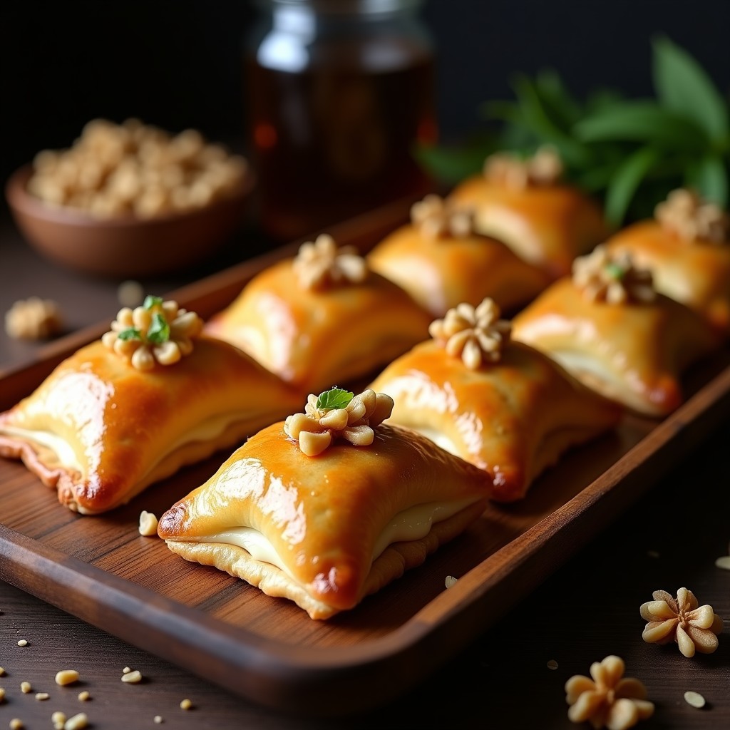 Empanadas argentinas doradas y crujientes rellenas de queso azul caramelizado con miel y nueces, servidas en una bandeja de madera rústica con un hilo de miel por encima.