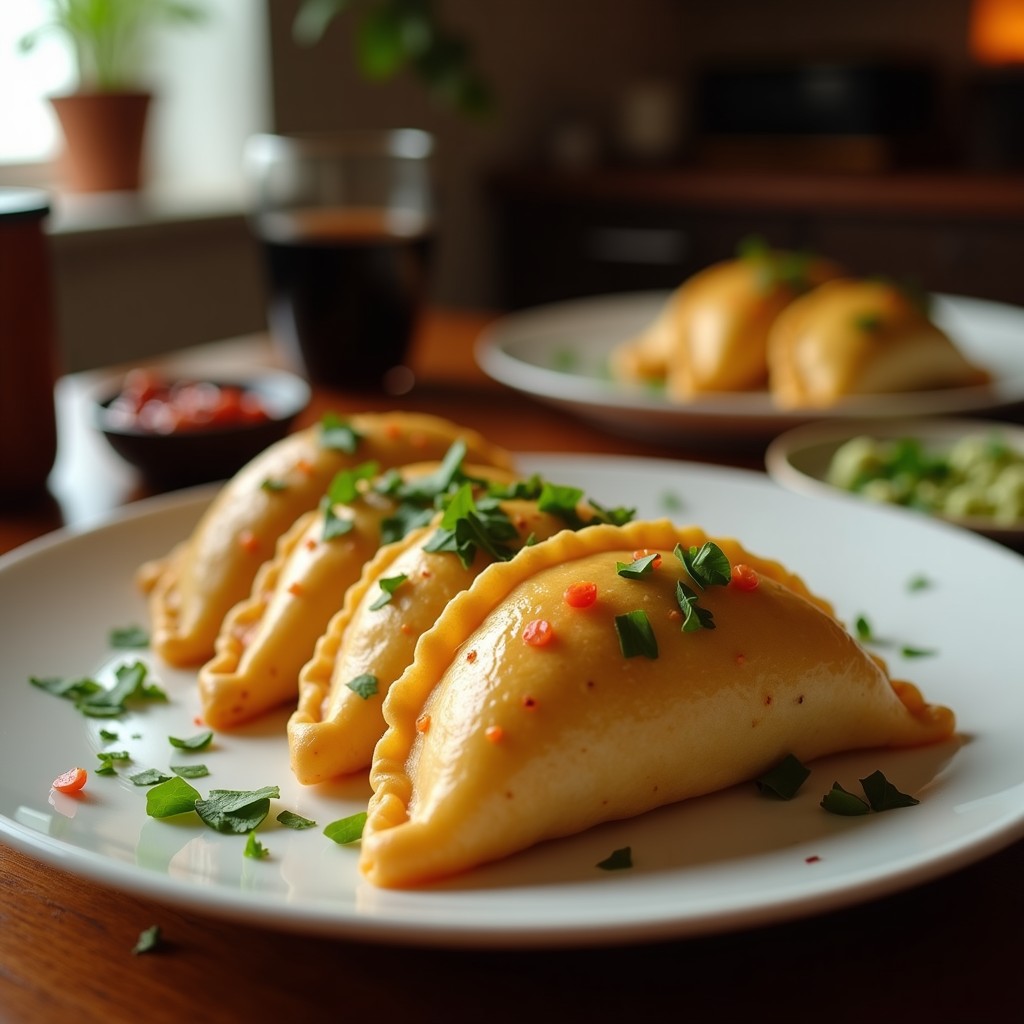 Bandeja de empanadas argentinas doradas y crujientes, rellenas de humita y queso Tybo, con un corte que muestra su interior cremoso y jugoso.
