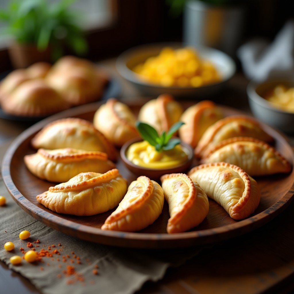 Empanadas argentinas de humita y queso fresco doradas, con repulgue perfecto y relleno cremoso asomando, servidas en bandeja de madera rústica.