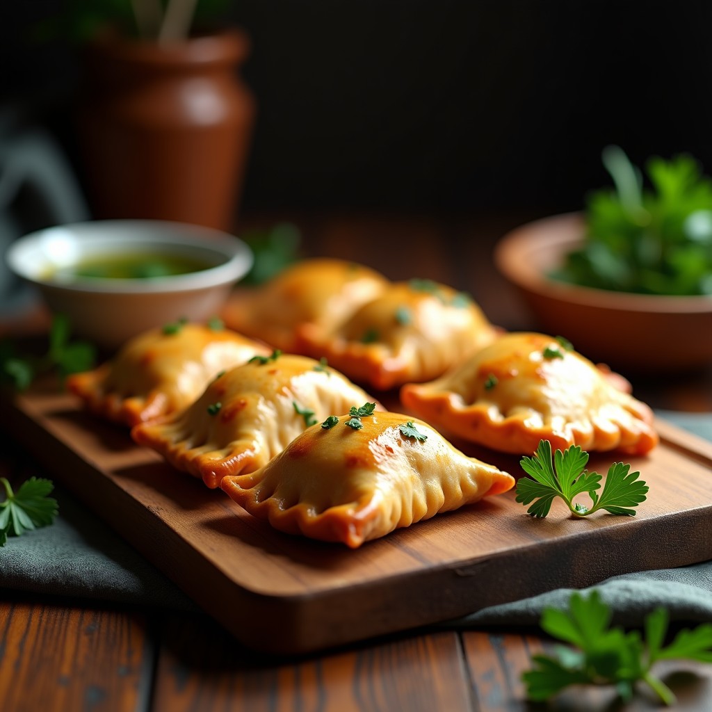 Empanadas argentinas doradas y crujientes de harina de arroz rellenas de morcilla vegana de lentejas y remolacha, servidas en una bandeja de madera con chimichurri al lado. Receta sin gluten en airfryer.