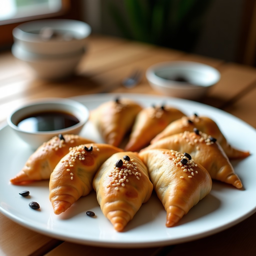 Empanadas doradas y crujientes de masa de arroz rellenas de Untersuchung y cebolla morada, espolvoreadas con semillas de sésamo, servidas en un plato de cerámica blanca con un dip de soja al lado. Receta coreana en Airfryer.