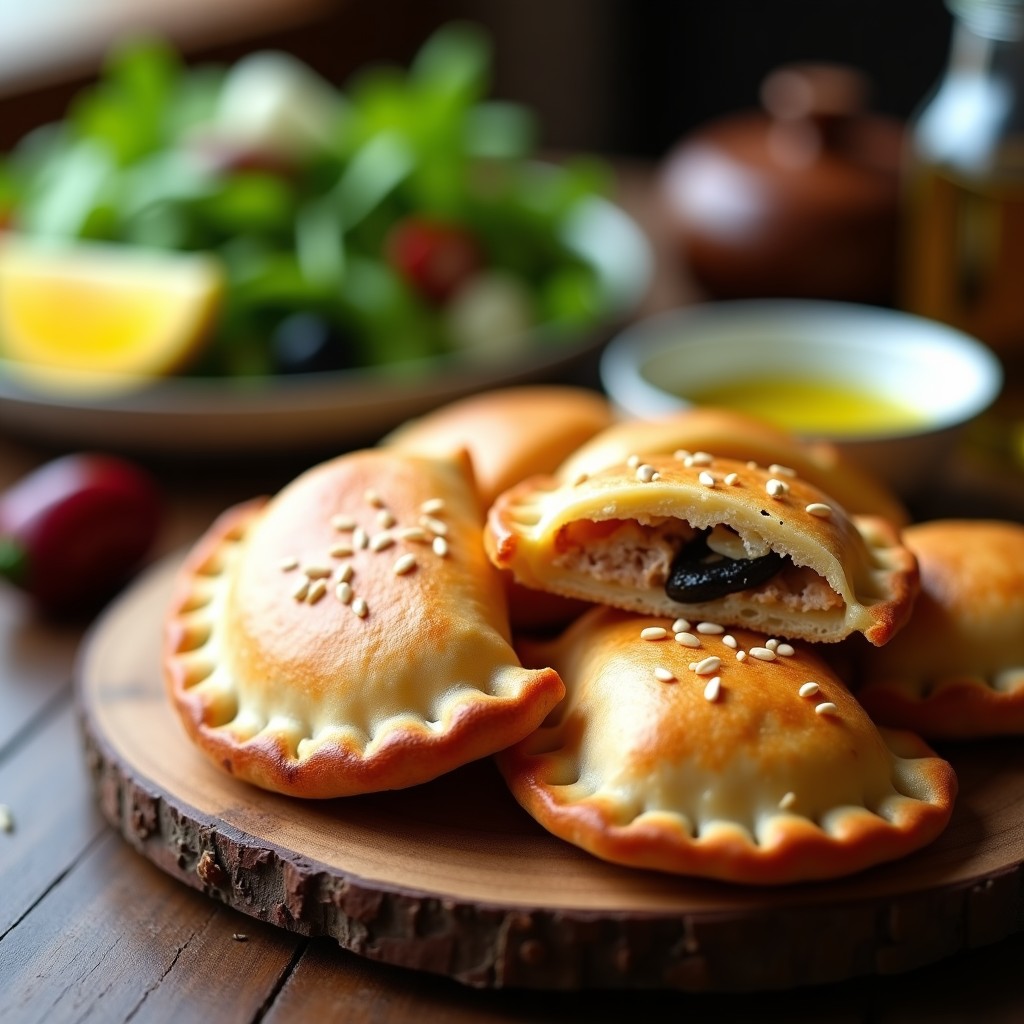 Empanadas doradas y crujientes de atún y aceitunas con masa de harina de almendra, horneadas en airfryer, servidas en una tabla de madera con semillas de sésamo sobre su superficie y acompañadas de una ensalada verde fresca.