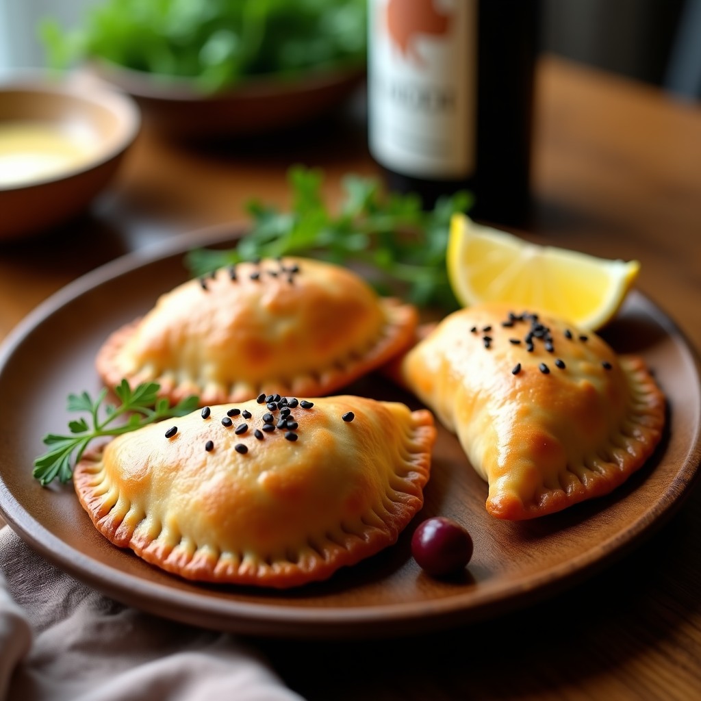 Empanadas argentinas doradas y crujientes rellenas de atún y aceitunas Kalamata, horneadas en airfryer sin aceite, con semillas de sésamo negro en la superficie, servidas sobre un plato de madera rústico.