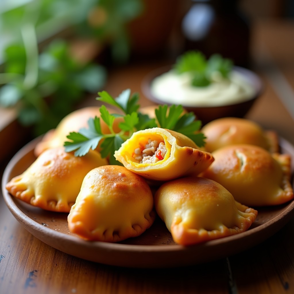 Empanadas doradas y crujientes de masa de yuca rellenas de atún y aloevera, servidas en un plato de madera rústico con hierbabuena fresca y rodajas de limón verde al lado. Receta colombiana antiinflamatoria.