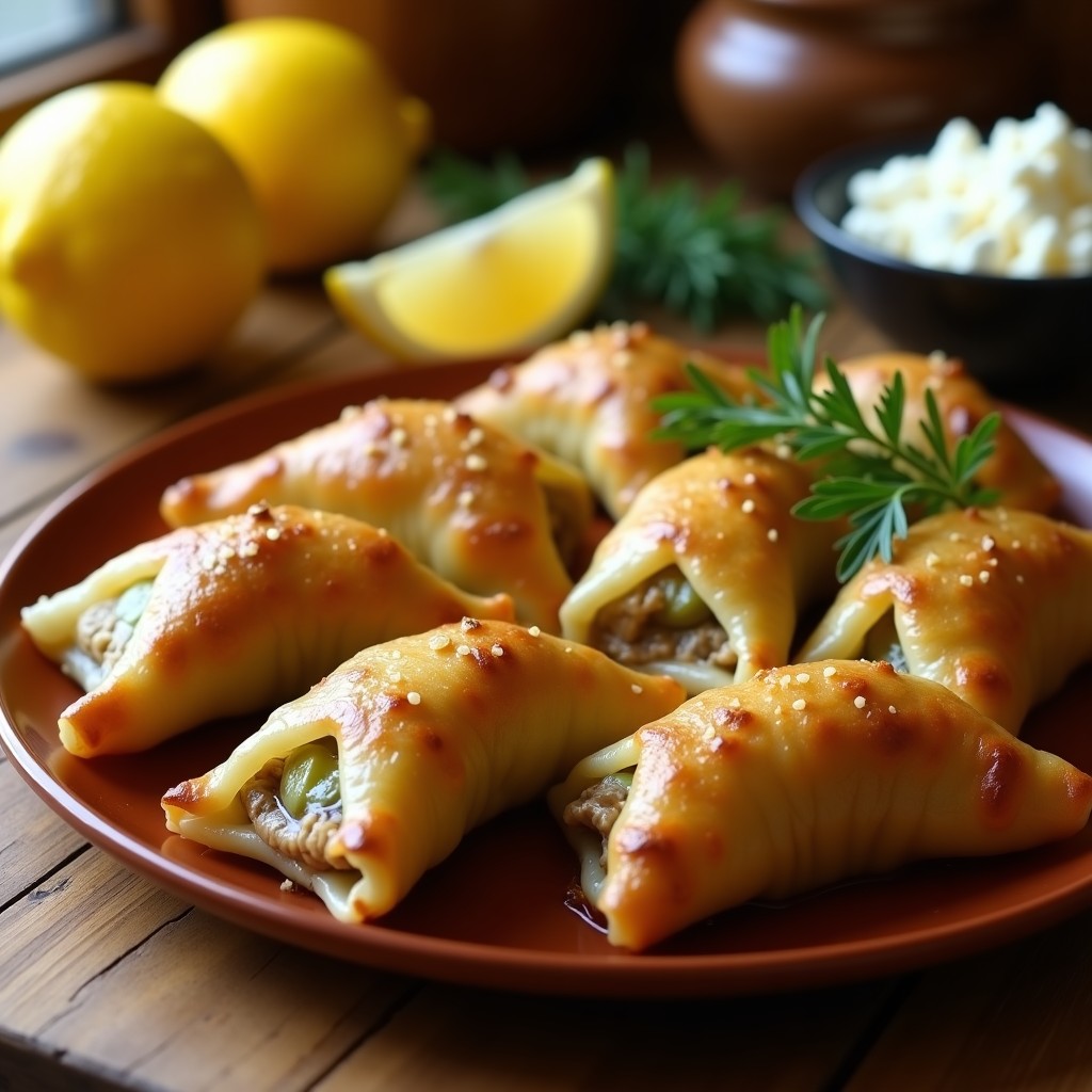 Empanadas griegas de atún y pepinillos envueltas en hojas de parra, doradas y crujientes, servidas en una fuente de barro rústica con limones y hierbas frescas al fondo. Aperitivo griego en Airfryer.