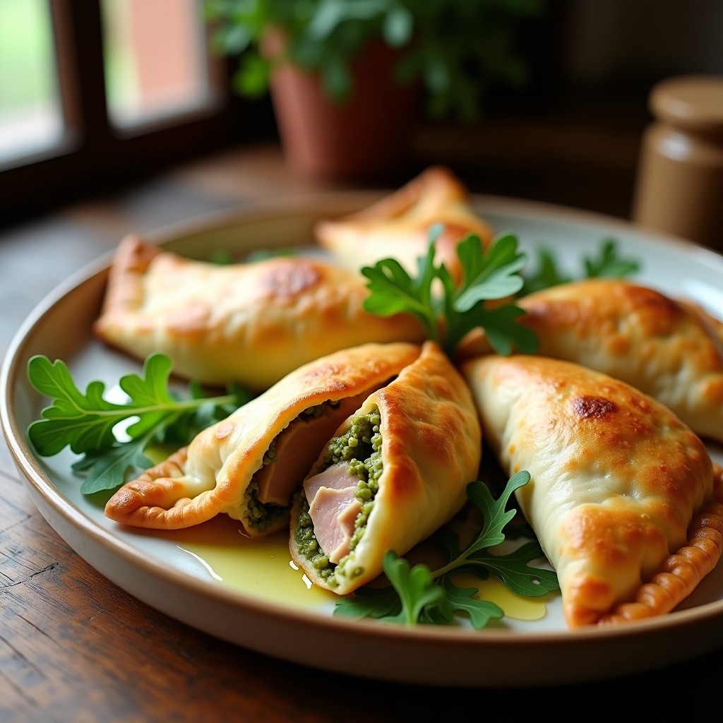 Empanadas sicilianas de atún con pesto de rúcula y piñones en airfryer, sin masa tradicional, doradas y crujientes sobre papel de horno, acompañadas de hojas de rúcula fresca.
