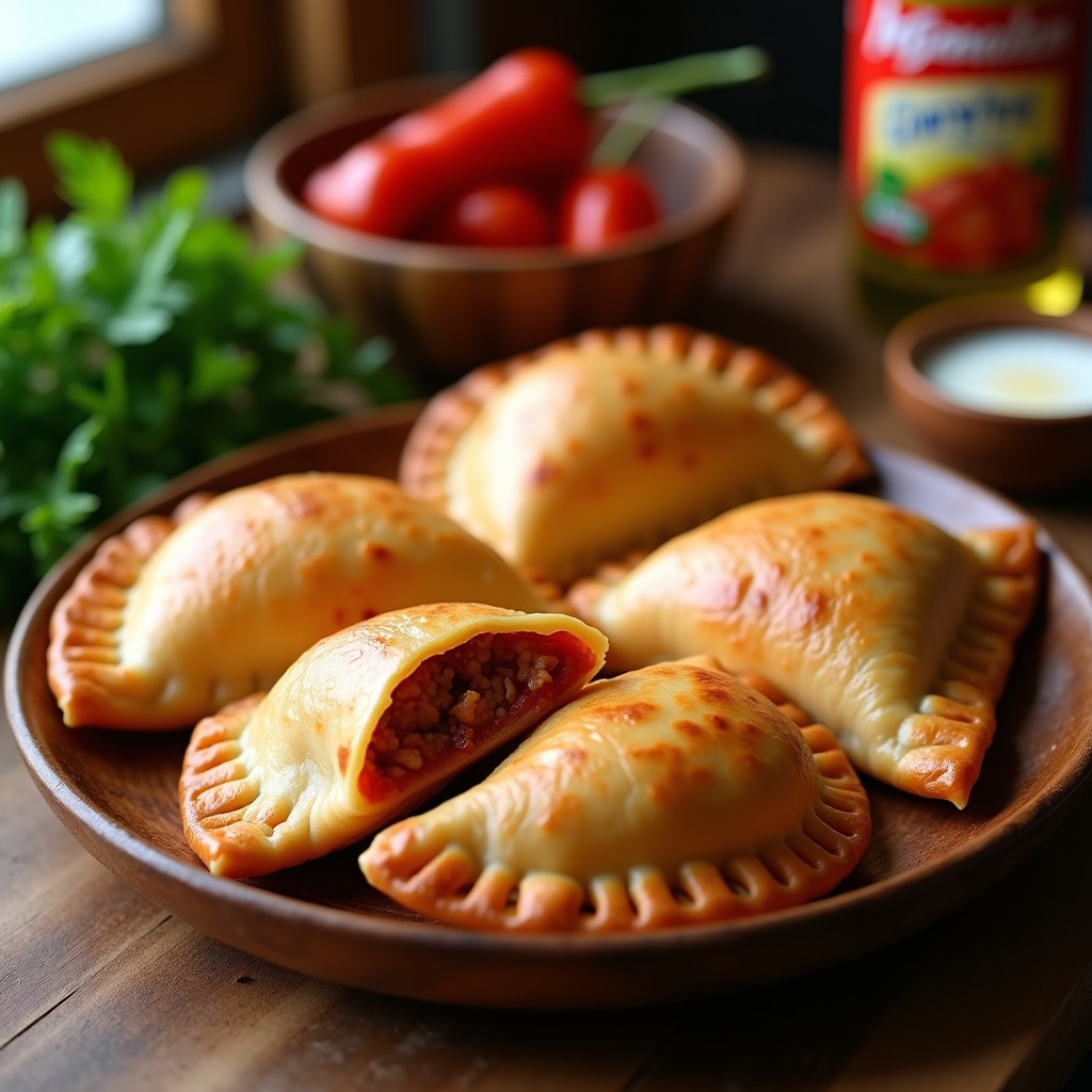 Empanadas doradas y crujientes de atún y pimiento choricero en airfryer, con masa integral, servidas en una fuente de madera rústica con hierbas frescas y salsa de yogur al lado.