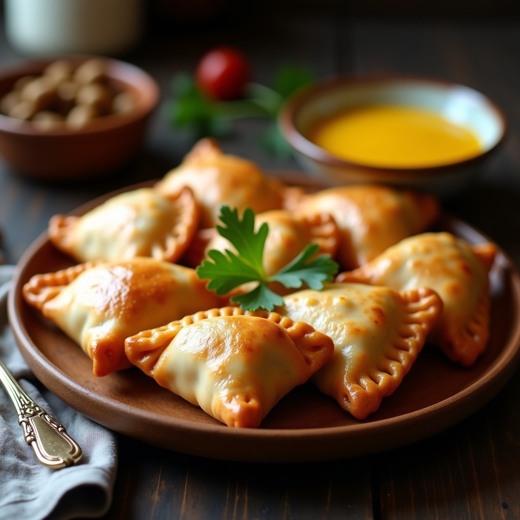 Empanadas doradas y crujientes de carne de avestruz en airfryer, servidas en un plato de madera con salsa de granadilla brillante y hojas de cilantro fresco, receta sudafricana exótica.