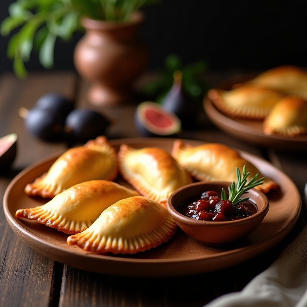 Empanadas doradas y crujientes de carne de avestruz con bordes bien sellados, servidas en un plato de madera rústico junto a un bol pequeño de salsa de higos brillante y oscura, decoradas con una rama de romero fresco. Receta sudamericana gourmet.