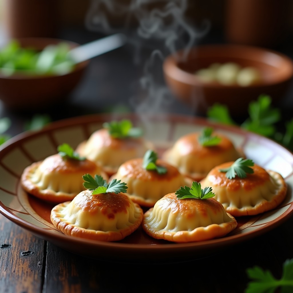 Empanadas de boniato morado y queso de almendras sin gluten, doradas y humeantes, servidas en un plato de barro con hojas de cilantro fresco. Receta preparada en olla express.