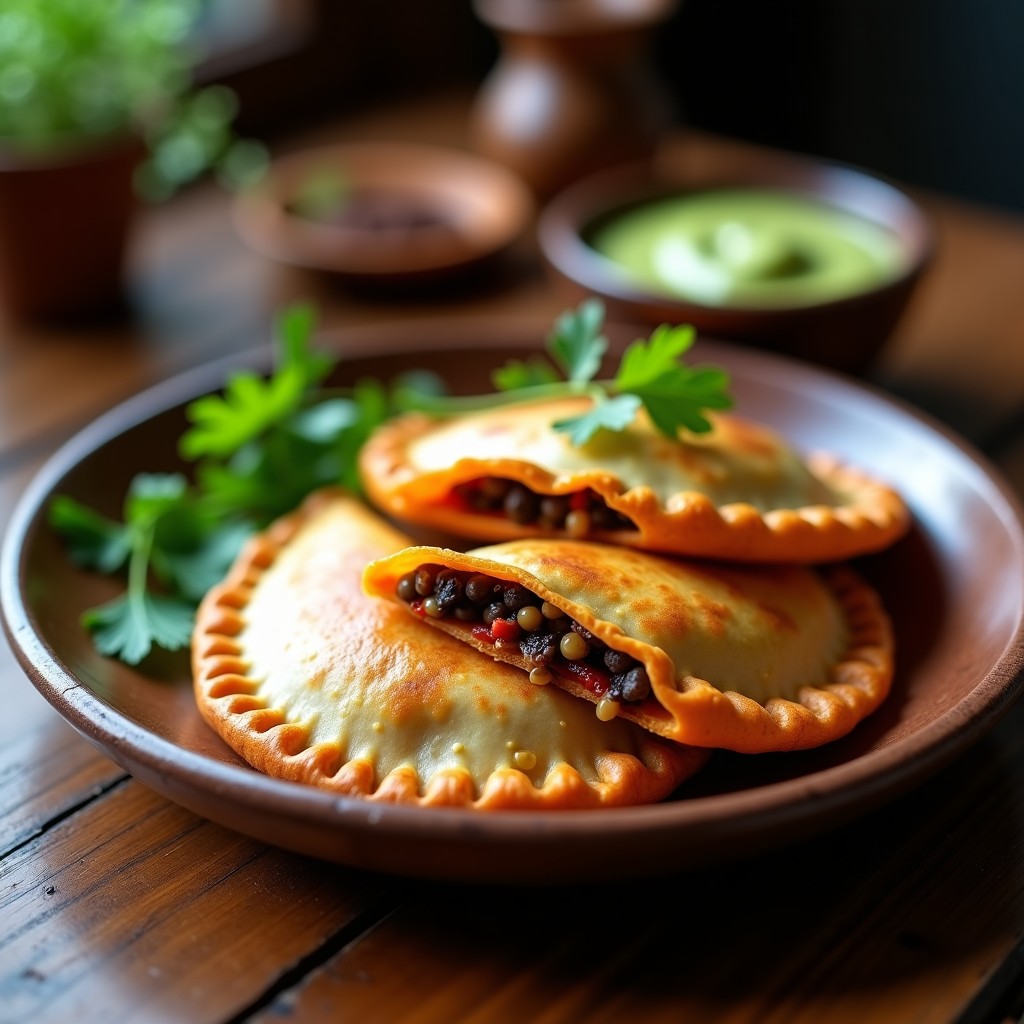 Empanadas doradas de masa de camote con relleno de lentejas y chipotle, servidas en un plato de barro rústico con hojas de cilantro fresco y salsa de aguacate al lado. Receta vegana en airfryer.