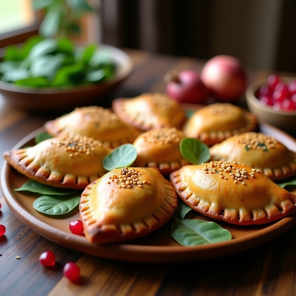 Empanadas doradas y crujientes de camote morado y espinaca en un plato de madera, con semillas de sésamo visibles en la superficie, servidas junto a una salsa cremosa y hierbas frescas. Receta vegana en Airfryer sin harina de trigo.
