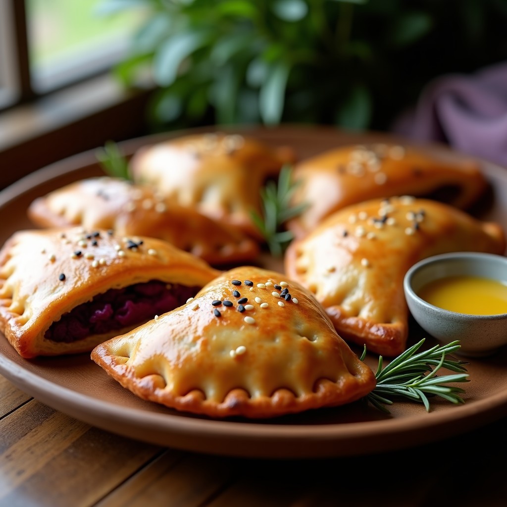 Empanadas doradas y crujientes de camote morado y queso feta servidas en un plato de cerámica blanca, con semillas de sésamo negro en la superficie y un hilo de miel de agave brillando. Al fondo, un bol pequeño con salsa de yogur griego y hierbas frescas.