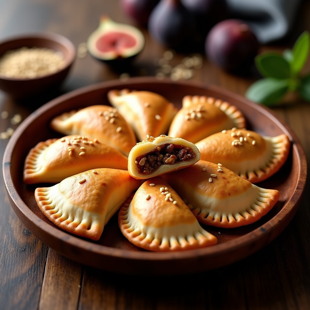 Empanadas doradas de masa de mandioca rellenas de carne de canguro y higo, servidas en una bandeja de madera rústica con semillas de sésamo espolvoreadas, receta australiana sin gluten.