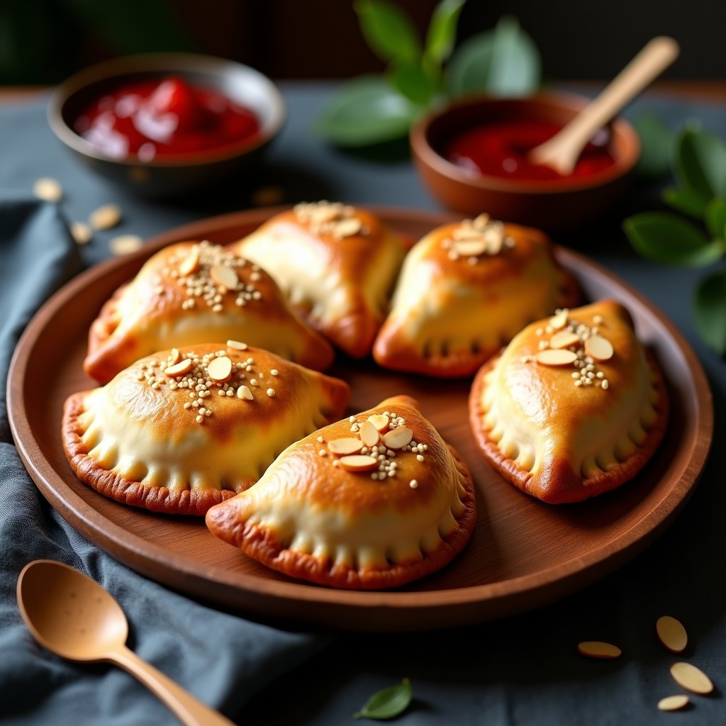 Empanadas doradas y crujientes de carne de canguro con salsa de ciruela brillante, servidas en un plato de madera rústico con almendras fileteadas por encima. Receta australiana en airfryer sin aceite.