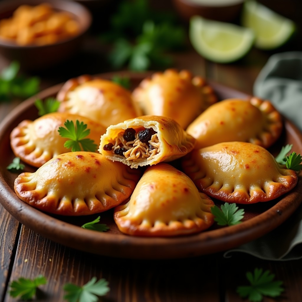 Empanadas doradas y crujientes de carimañola rellenas de pollo y pasas, dispuestas en una bandeja de madera rústica con hojas de cilantro y rodajas de limón al lado. Receta colombiana tradicional hecha en airfryer.