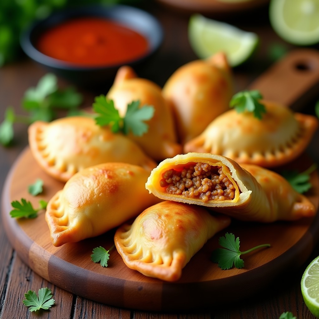 Empanadas de carimañola doradas y crujientes rellenas de jackfruit desmenuzado y queso vegano de anacardos, servidas en una tabla de madera con hojas de cilantro fresco y una salsa picante al lado. Receta colombiana vegana y sin gluten.