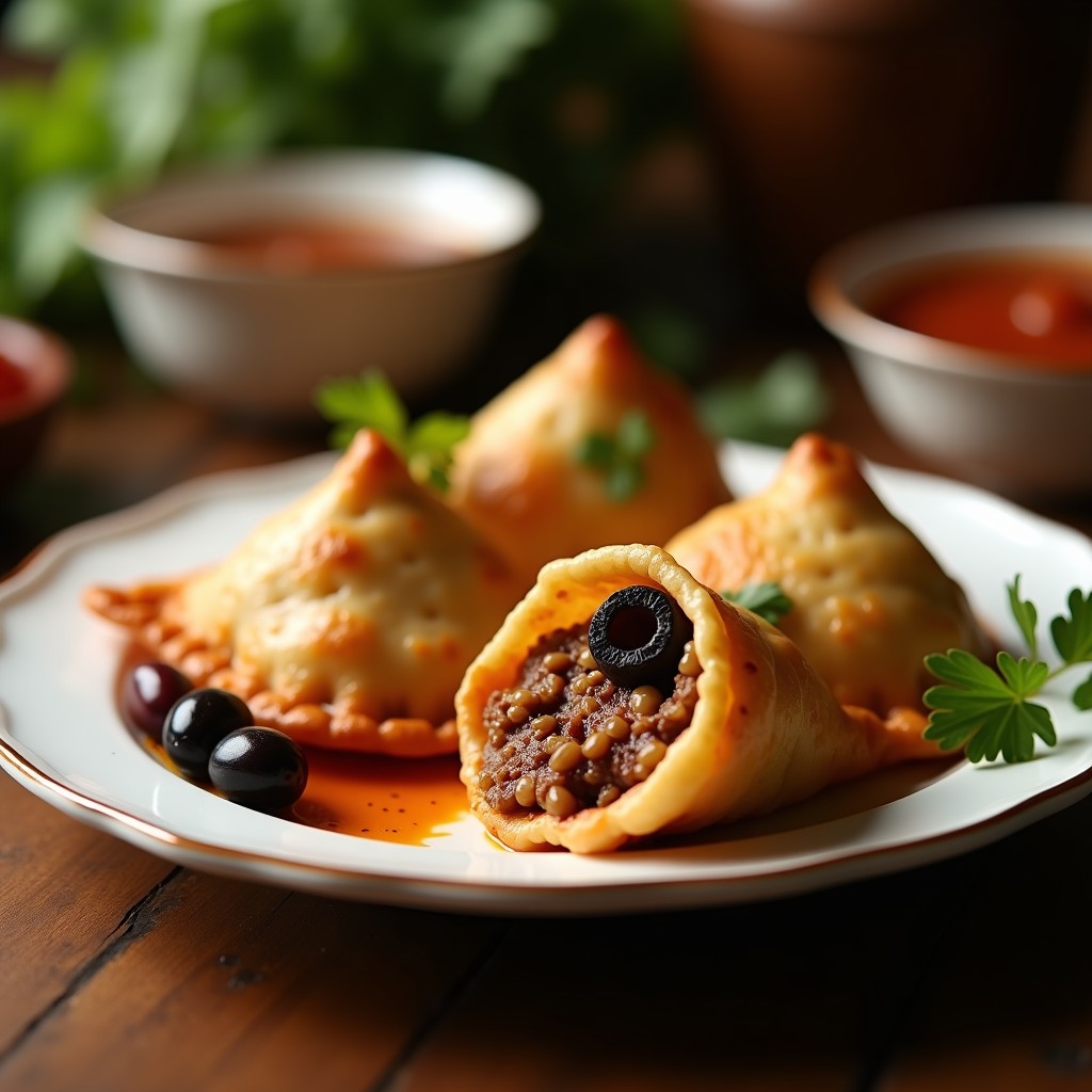 Empanadas doradas y crujientes de carne picada y aceitunas negras, horneadas en airfryer sin aceite, sobre una tabla de madera rústica con hierbas frescas.