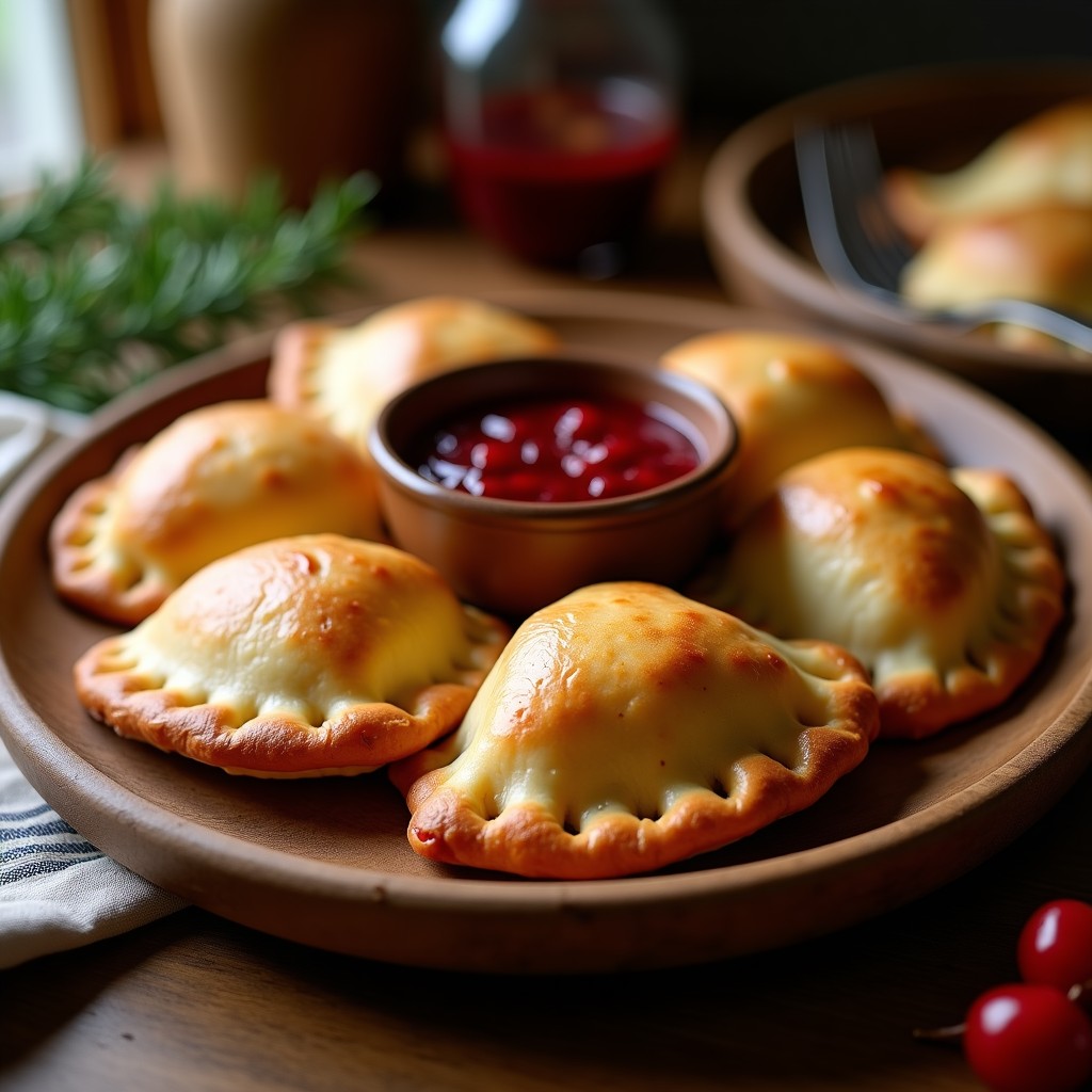 Empanadas doradas y crujientes rellenas de carne de bisonte y arándanos, servidas en una fuente de barro con salsa de arándanos reducida al lado, receta americana gourmet en horno.