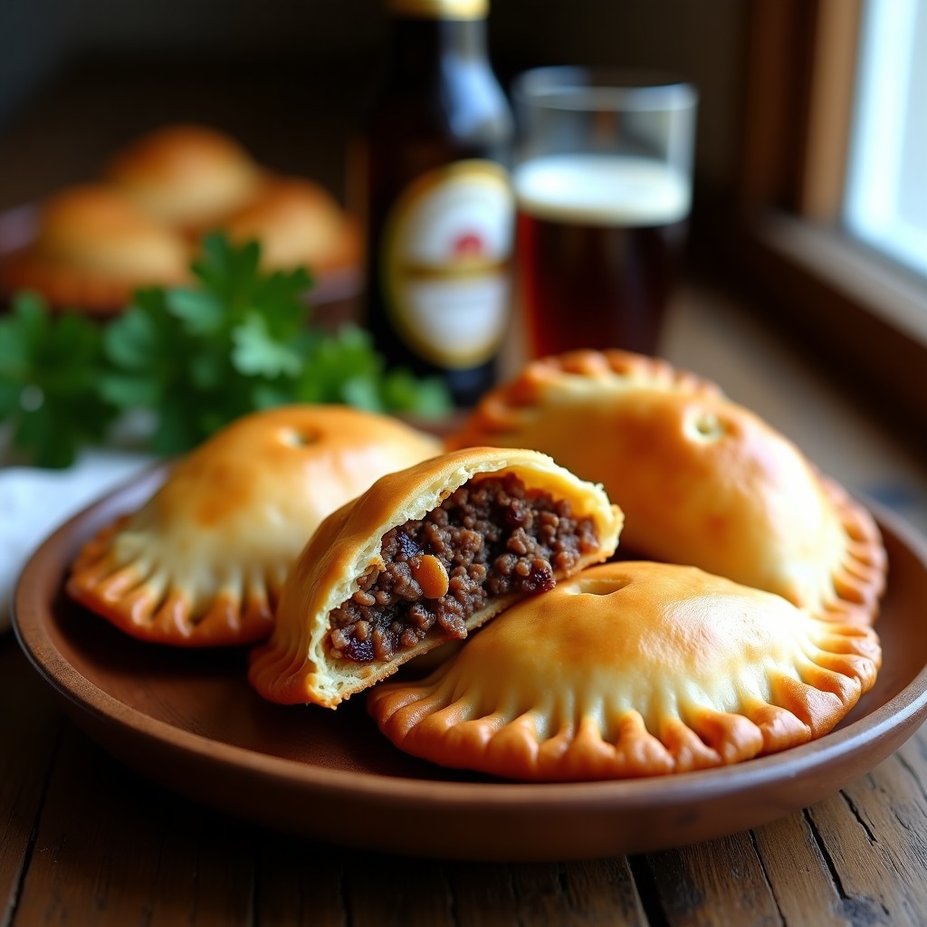 Empanadas doradas y crujientes en cesta de mimbre, rellenas de carne de res jugosa con toques de cerveza negra, servidas sobre hoja de plátano con ají al lado.
