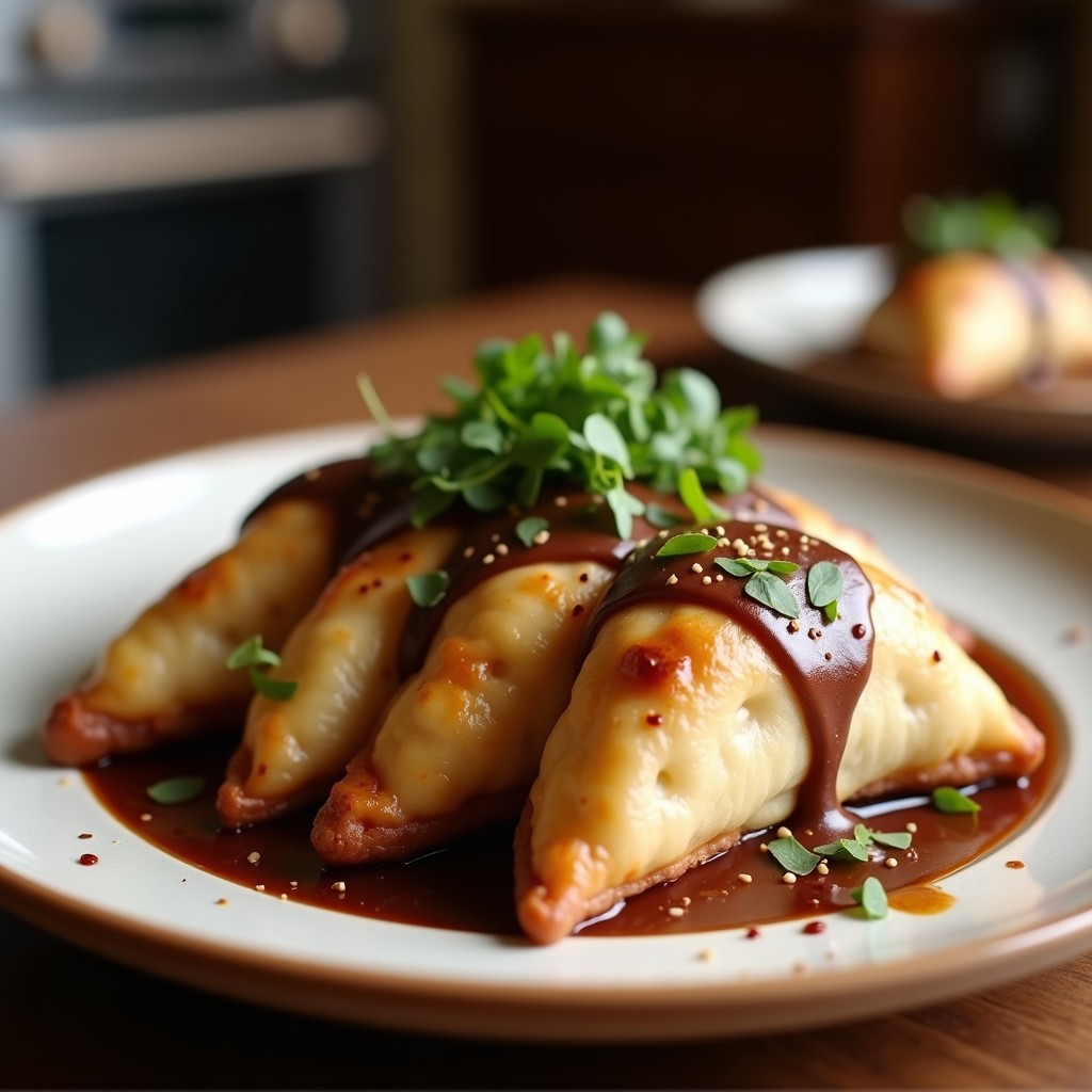 Empanadas mexicanas gourmet de carne de res y chocolate con masa dorada y crujiente, rellenas de un guiso oscuro y aromático, servidas en plato de barro con decoración rústica.