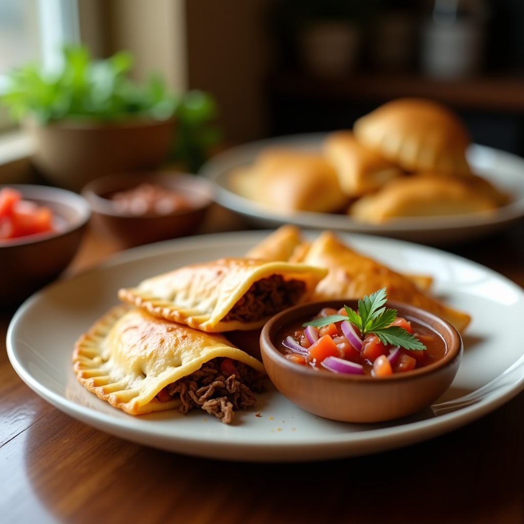 Empanadas doradas y crujientes de carne mechada venezolana servidas en un plato de cerámica blanca, acompañadas de salsa criolla fresca con trozos de tomate, cebolla morada y cilantro. Receta tradicional en olla express.