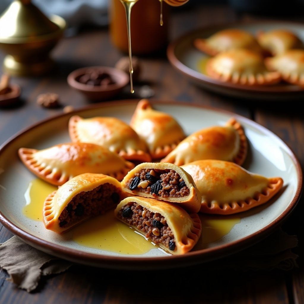 Empanadas doradas y crujientes rellenas de carne picada de cordero, pasas y almendras con especias marroquíes, servidas en una fuente de barro con té de menta al fondo.