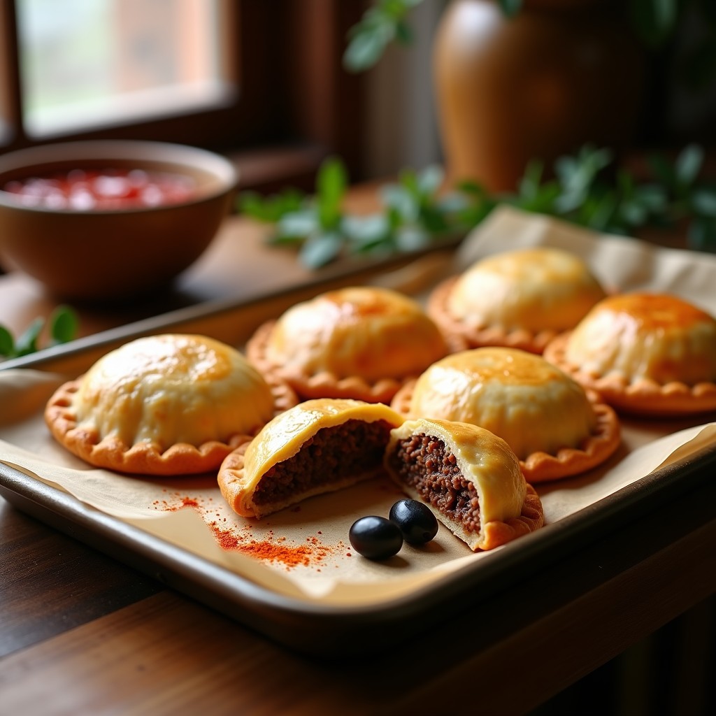 Bandeja de empanadas argentinas de carne de res y aceitunas al horno, doradas y crujientes, con detalles de los bordes sellados con tenedor, servidas sobre papel de horno rústico.