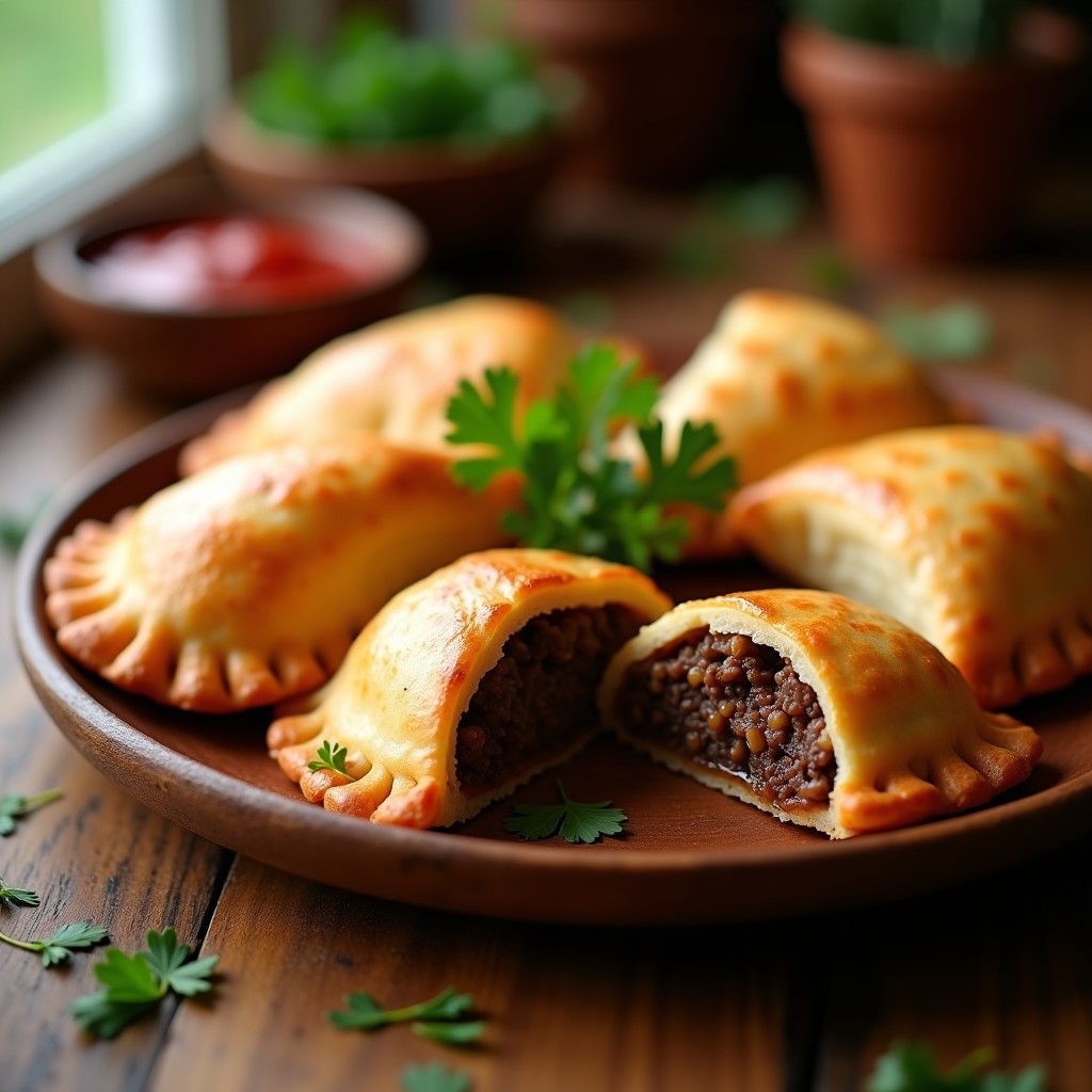 Empanadas argentinas doradas y crujientes en airfryer, rellenas de carne de res y hongo portobello, servidas en un plato de madera con hierbas frescas.