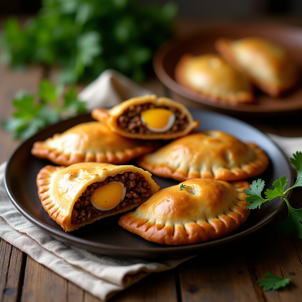 Bandeja de empanadas colombianas de carne de res y huevo duro horneadas, doradas y crujientes, con relleno visible al cortar una por la mitad, sobre papel de horno rústico.