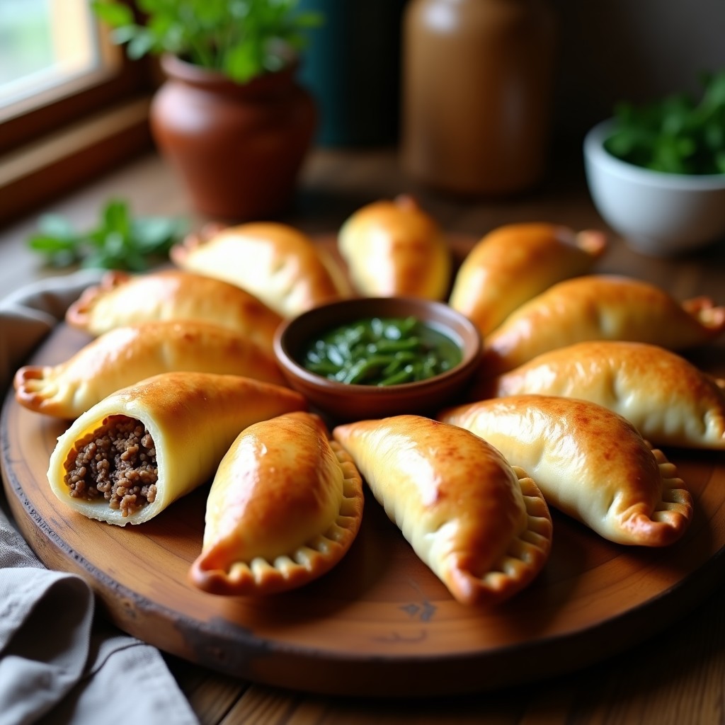 Bandeja de empanadas argentinas doradas rellenas de carne de res y welsh onion, con bordes sellados con tenedor y brillo de huevo batido, sobre fondo rústico de madera.