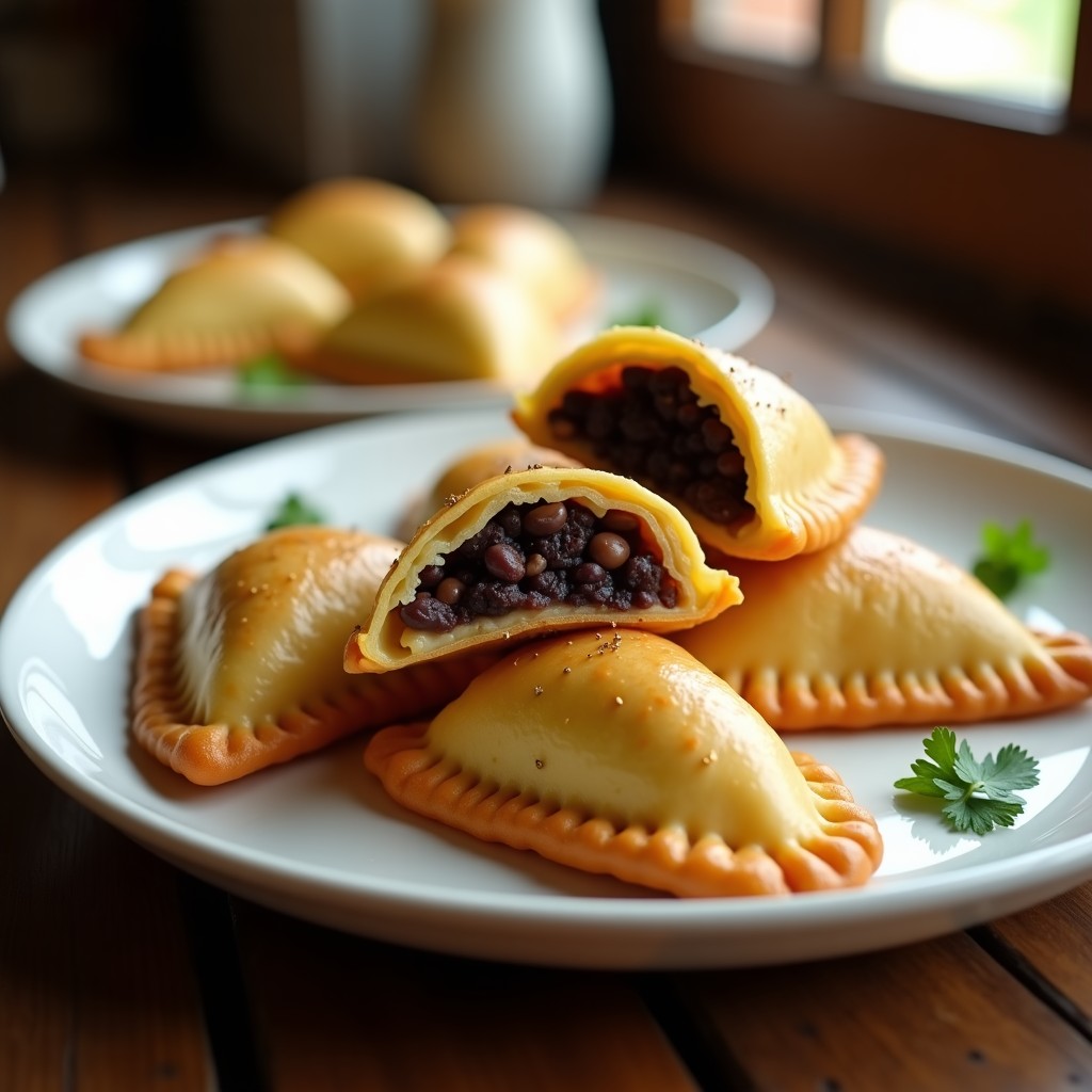Empanadas doradas de masa de cassava rellenas de moros y cristianos, con bordes crujientes y un relleno visible de arroz y frijoles negros, servidas en un plato de cerámica blanca sobre fondo rústico.