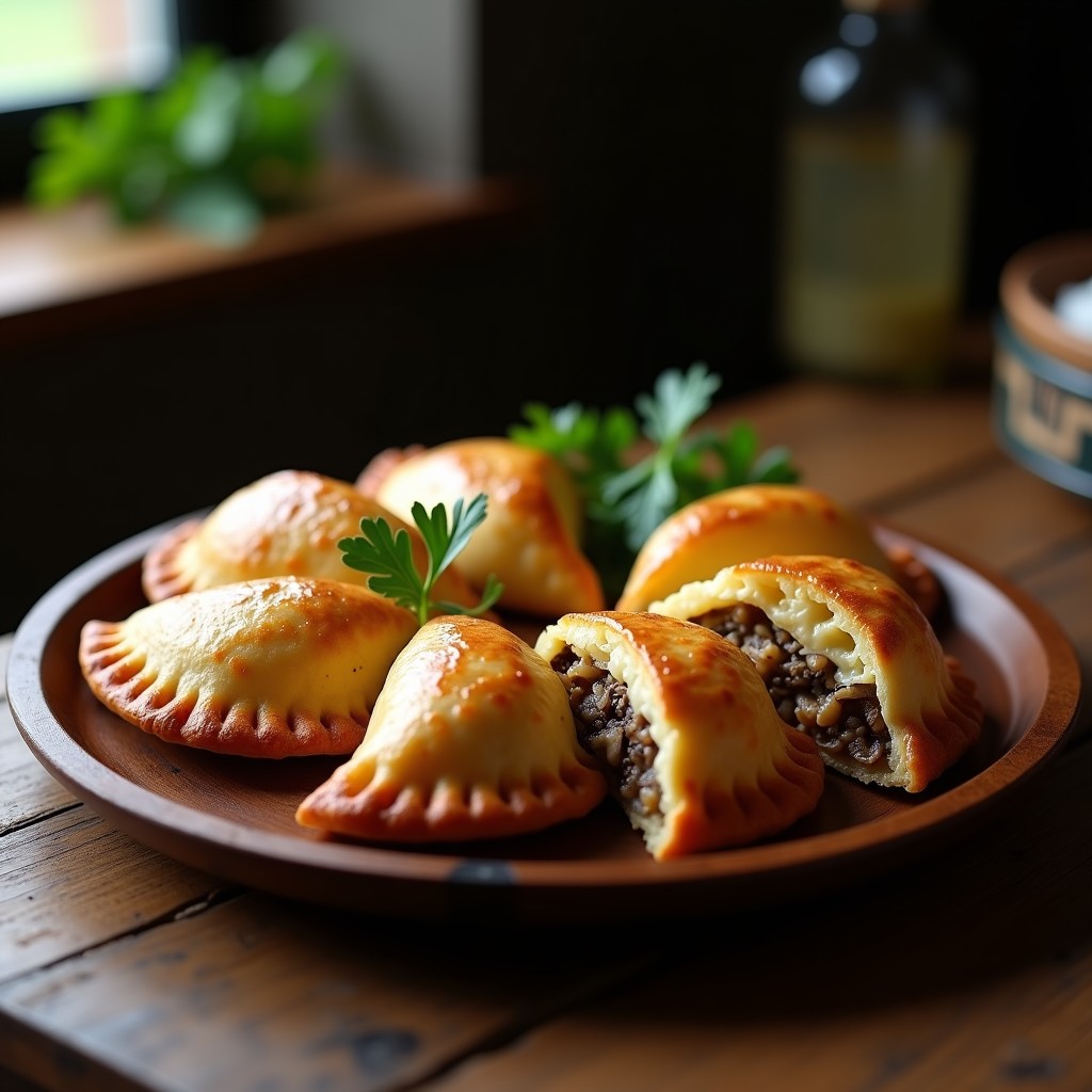 Empanadas doradas y crujientes rellenas de champiñones trufados, servidas en un plato de madera rústico con hierbas frescas y un hilo de aceite de trufa.